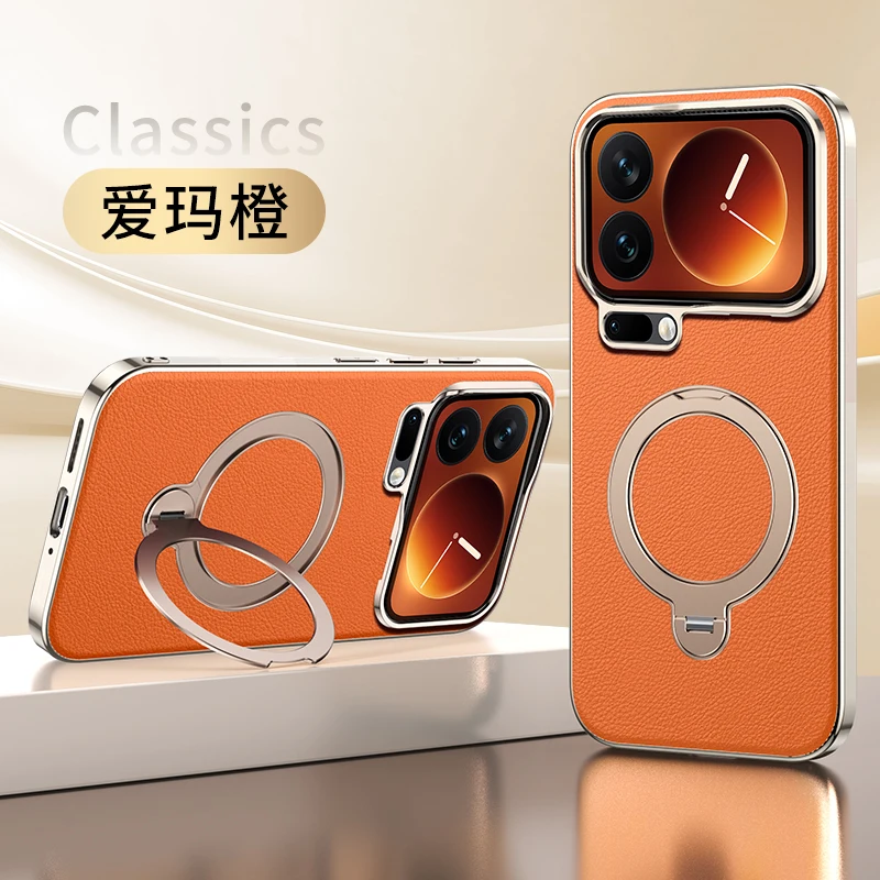 

Leather Phone Case For Iphone 15 16 17 Pro Max Magnetic Wireless Charger Shell Shockproof Rotating Holder Back Cover