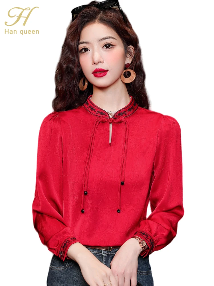 H Han Queen New Arrival 2024 Women\'s Elegant Blouse Vintage Casual Tops Chiffon Blouse Loose Long Sleeve Shirts Spring Simple