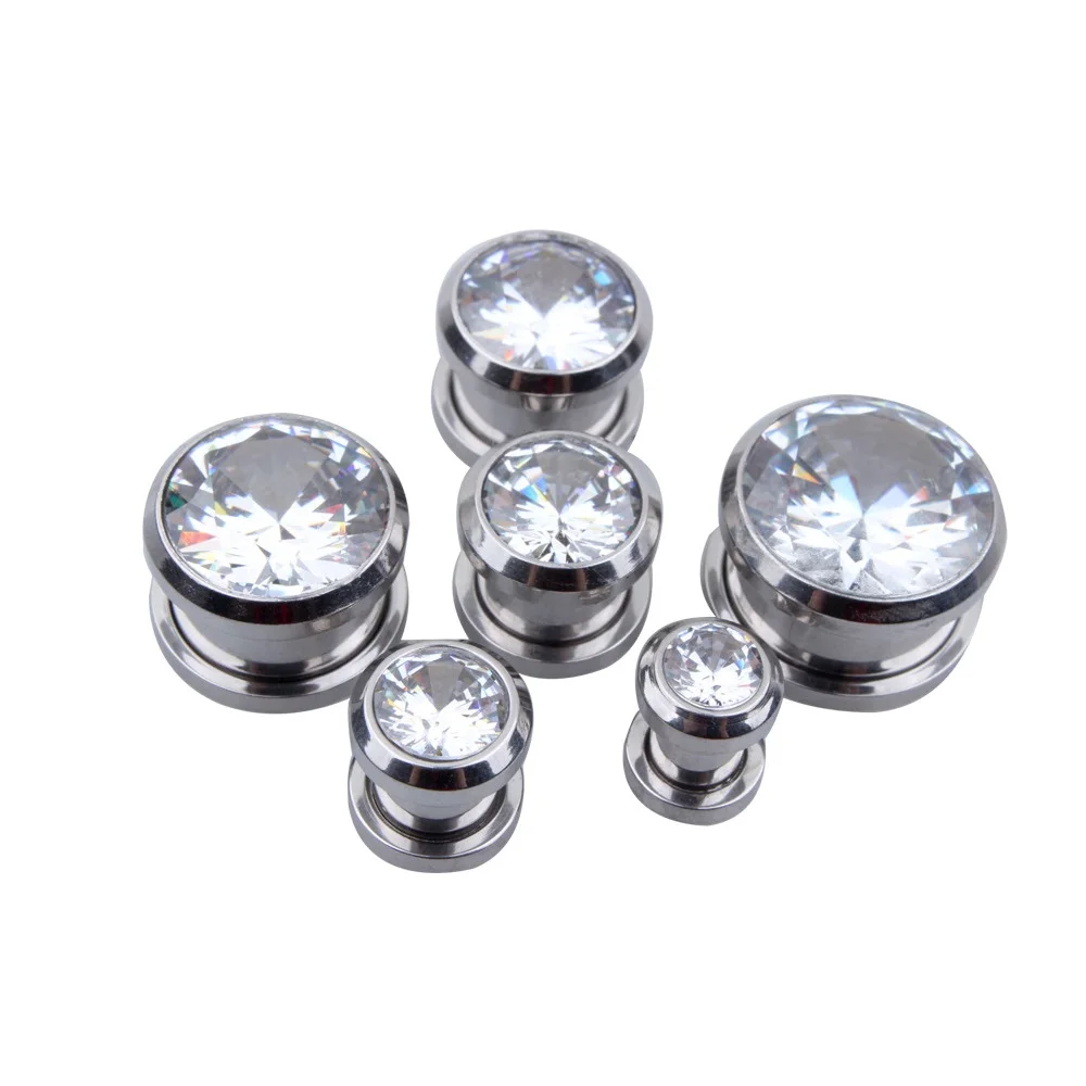 Alisouy 1 Pair Black Color Crystal Zircon Ear Plug Stainless Steel Screw Ear Expanders Punk Style Gauges 4mm To 16mm for Female