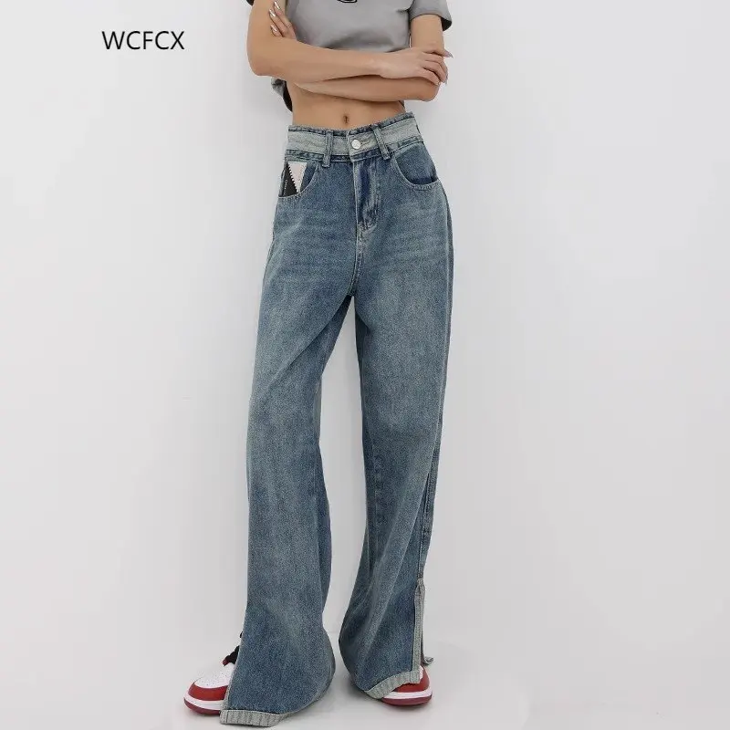 WCFCX STUDIO Wide Leg Jeans for Women Casual Fashion Style High Waist Denim Pants Streetwear Straight Trousers