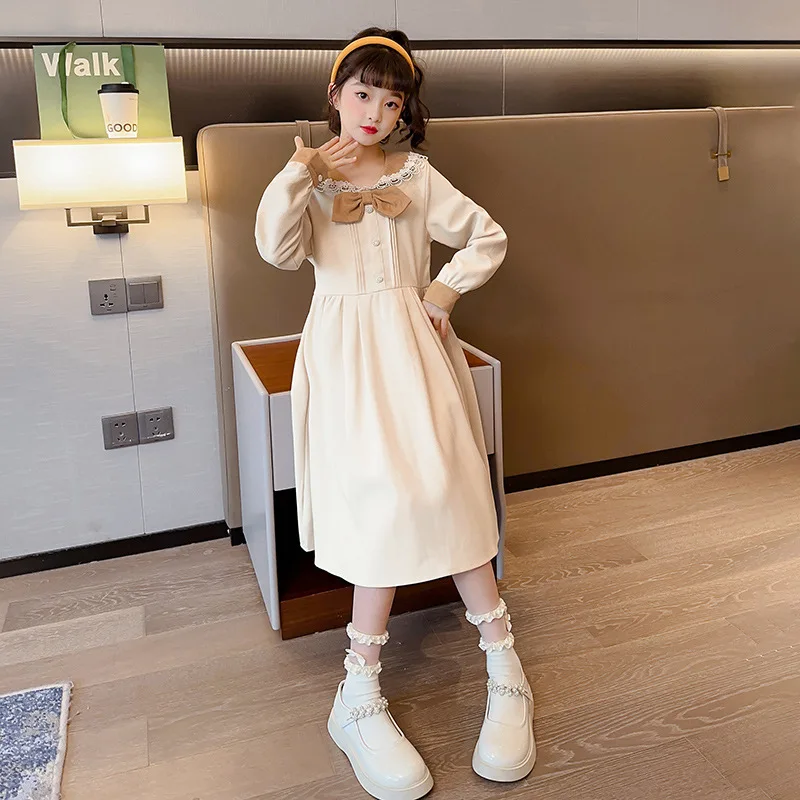 

Girl Dress 2023 New Spring Autumn Fashion Style Bowknot Dress Girl Solid Long Sleeve Princess Dress Lace Collar Casual Dresses