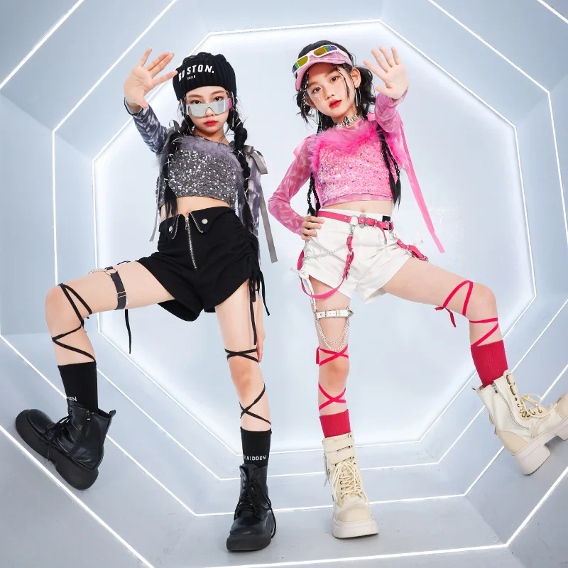 Mädchen K-pop Pailletten Crop Top Street Dance Shorts Kinder Hip Hop Jazz Hot Pants Kleidung Sets Kinder Streetwear Mädchen gruppe Kostüm