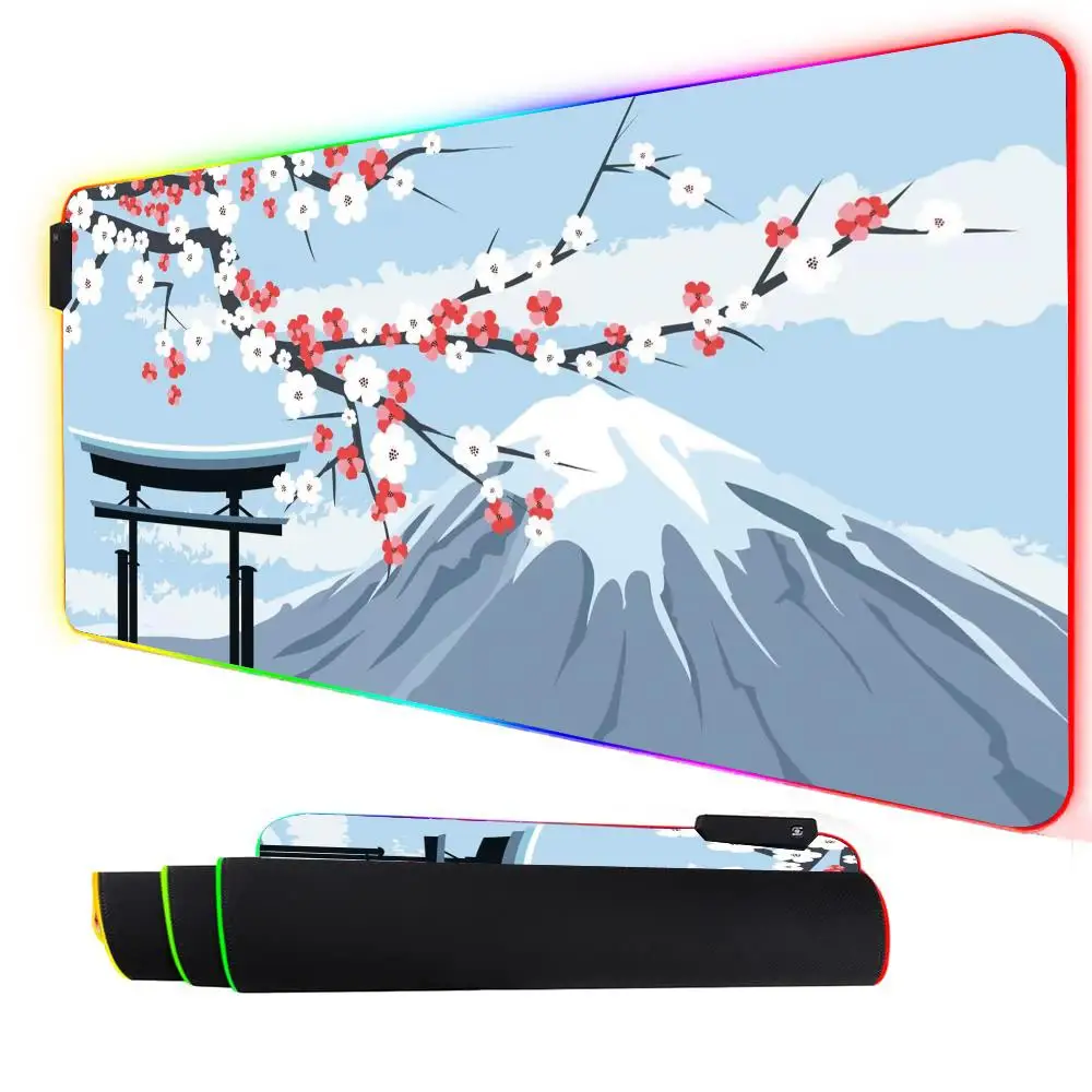 

RGB Sakura Mouse Pad Large Desk Accessories Desk Pad Rubber Base with Stitched Edge Cherry Blossoms Mousepad Non-Slip for Office
