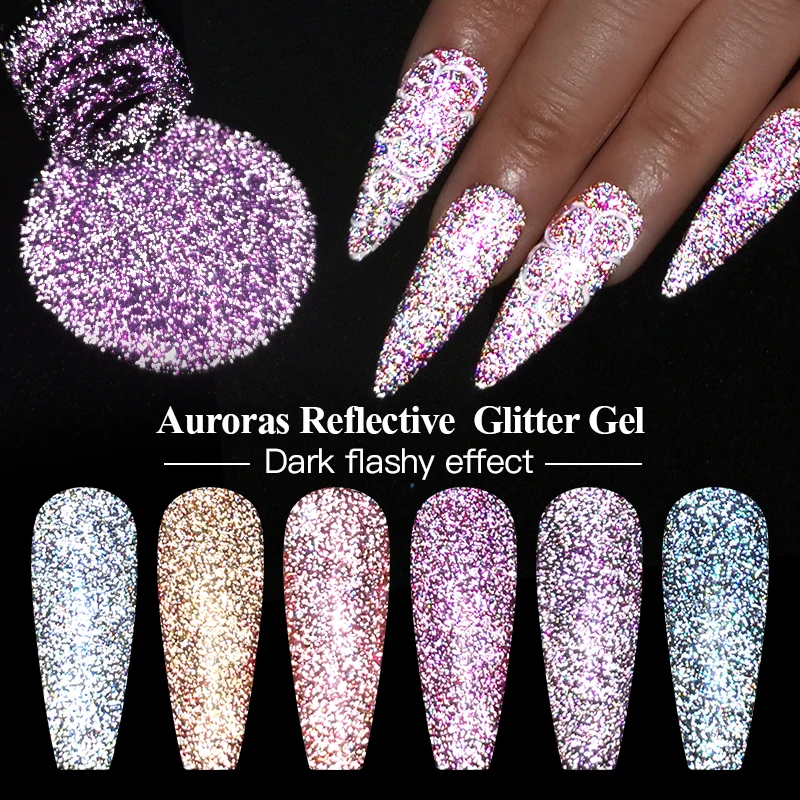 Reflective Glitter Gel Nail Polish Auroras Holographic Gel Semi Permanent Laser Gel Manicure Soak Off UV Gel Nails Art Design