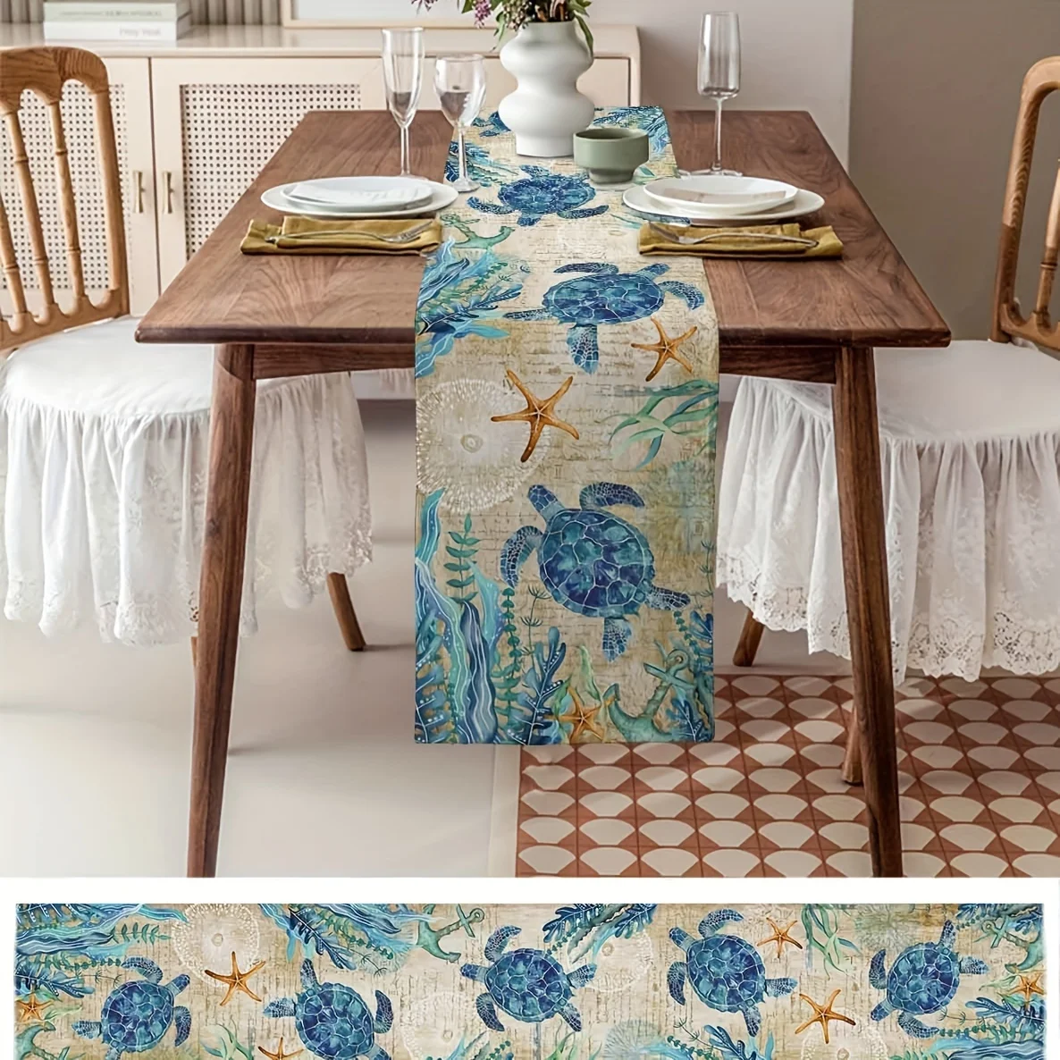 Ocean Turtle Table Runner in Bright Blue and Gold Ocean Theme with Sea Turtle Starfish and Coral Durable Rectangular for Kitchen