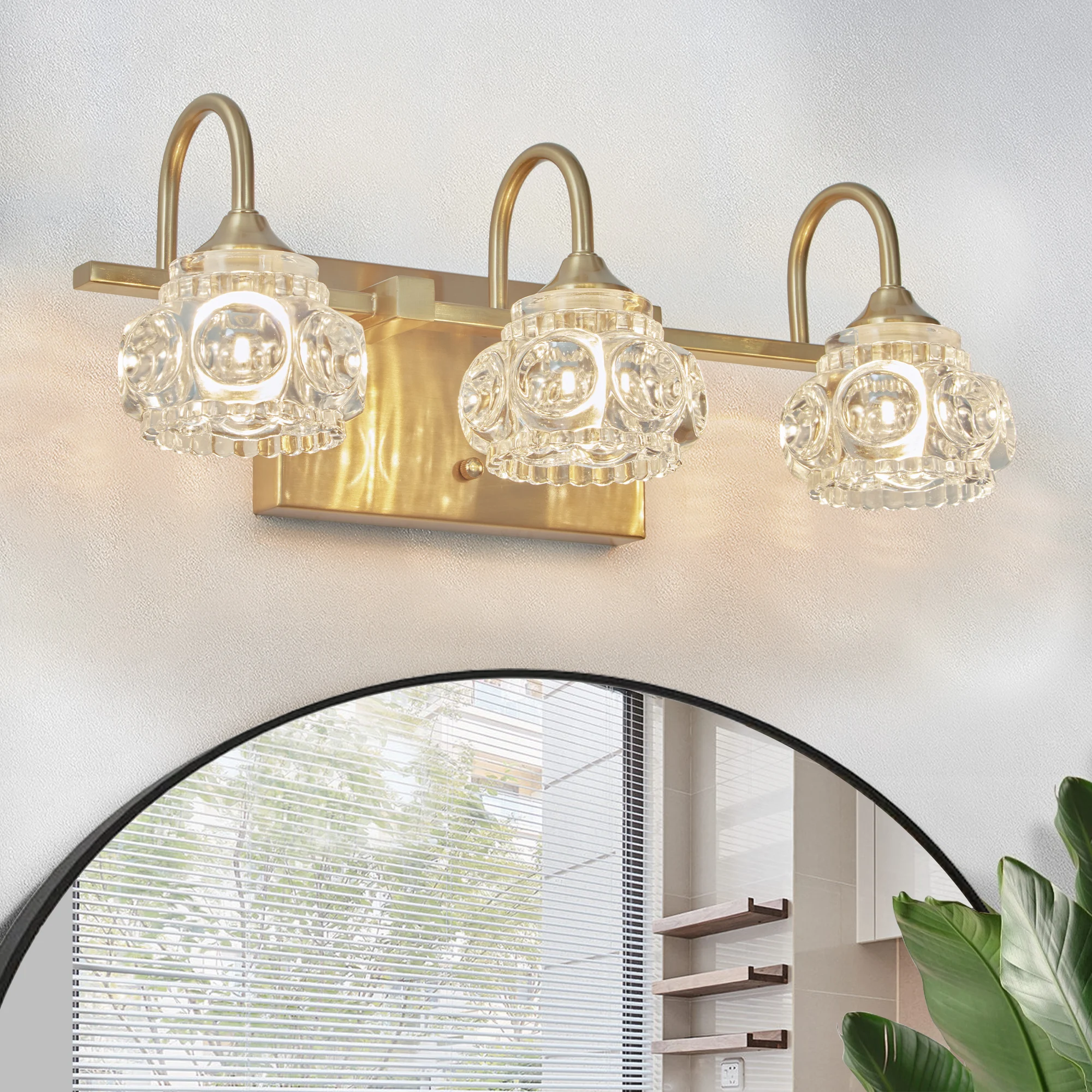 Modern Crystal Bathroom Vanity Light, 3-Light Golden Wall Sconce with Clear Glass Shade, Elegant Wall Mount Lighting (No Bulbs)