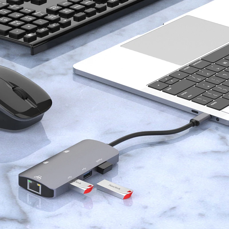 4K @ 30 Гц USB-C-концентратор Адаптер USB 3.0 Многофункциональная док-станция Разветвитель Конвертер Type-C в HDMI-совместимый адаптер Ethernet