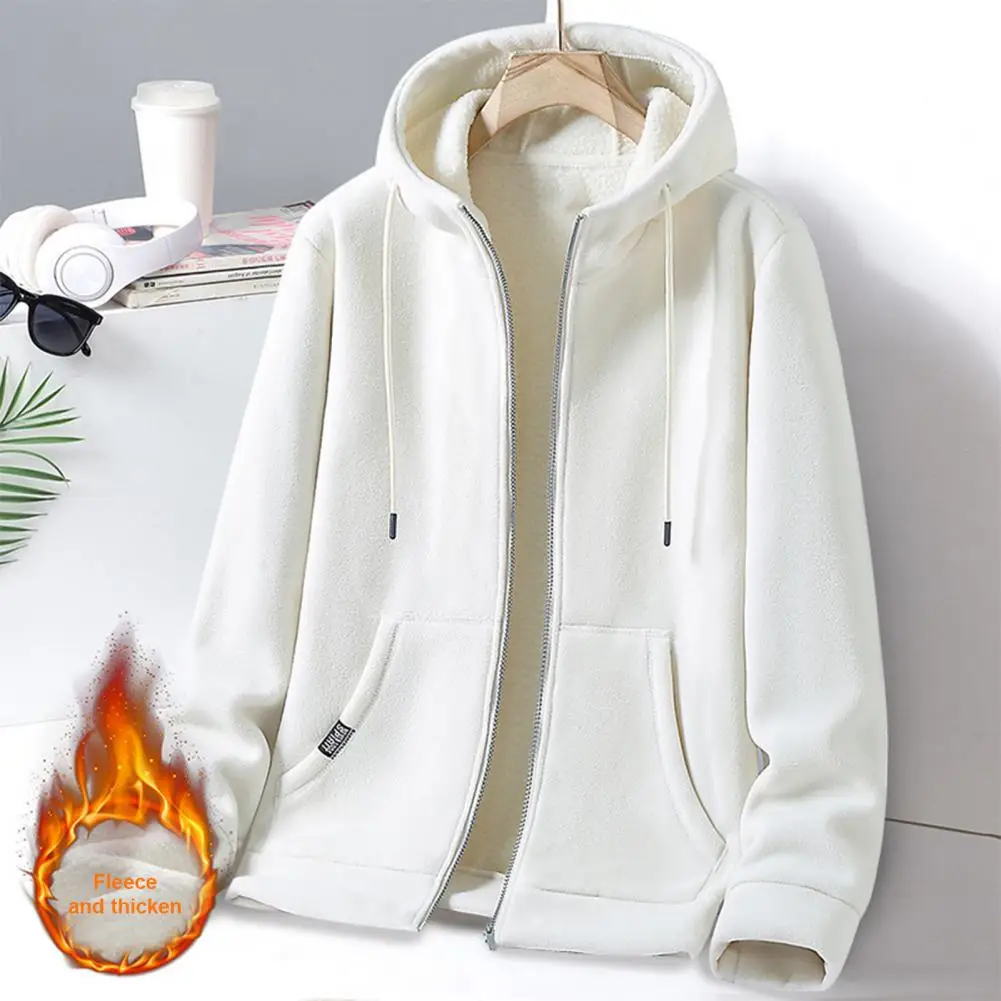 Winter Men Hoodie Men's Hooded Zipper Closure Winter Coat with Drawstring Thick Warm Cardigan Jacket for Daily Wear Men