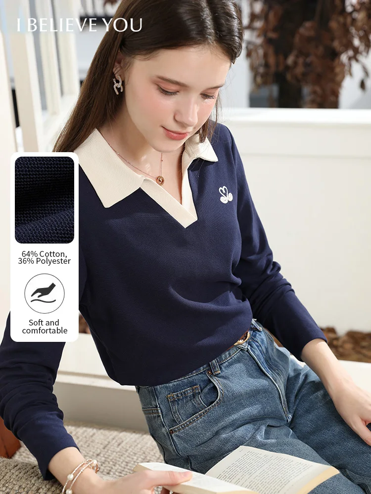 

I BELIEVE YOU Women's Polo Shirt 2025 Autumn New Arrival Blue Contrast Color Swan Embroidered Long Sleeve Top Cotton 2253016182