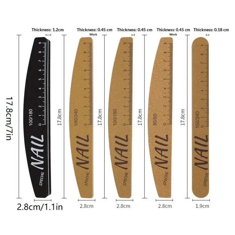 5 Pcs Nail File Set With Scale Nail Art Double-sided 80-240 Grit Nail File Grinding Sanding Buffer Buffing Manicure Tool