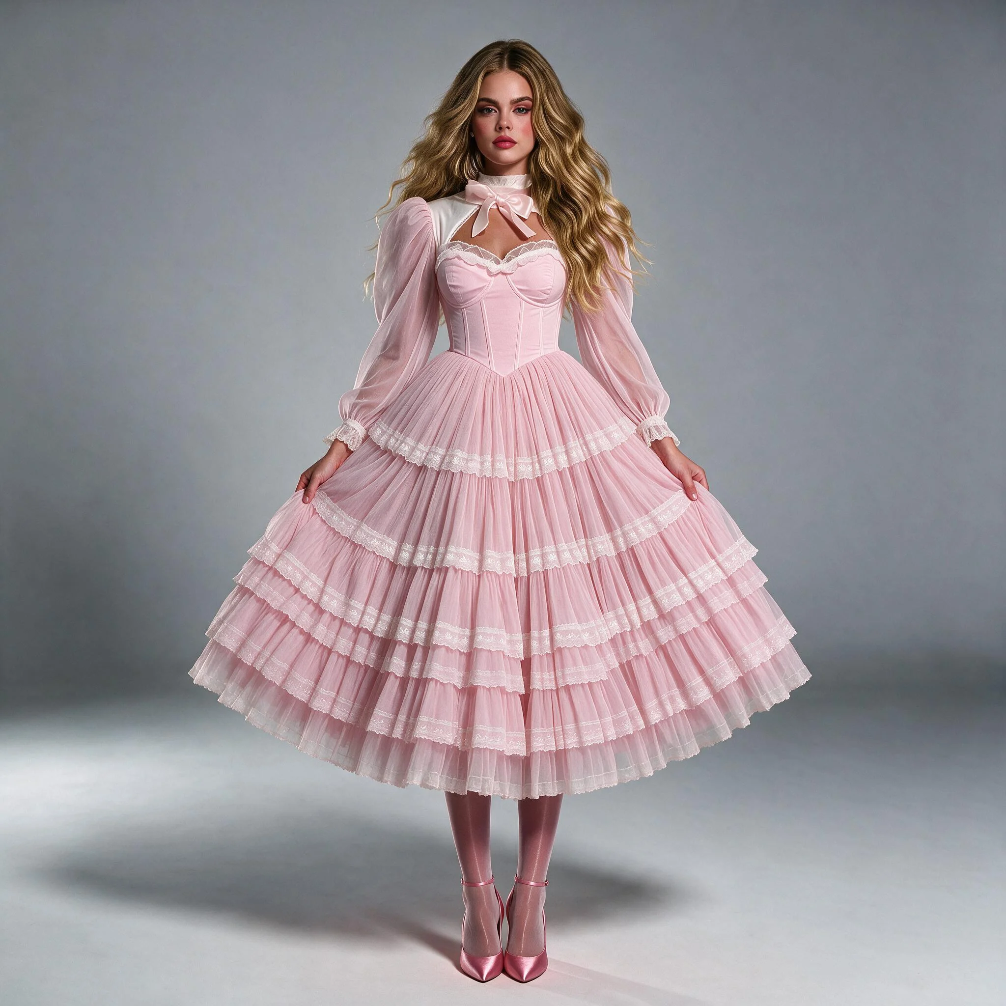 Pink Sheer Puff Sleeves Princess Dress with Ruffle Tiered Skirt WT268021