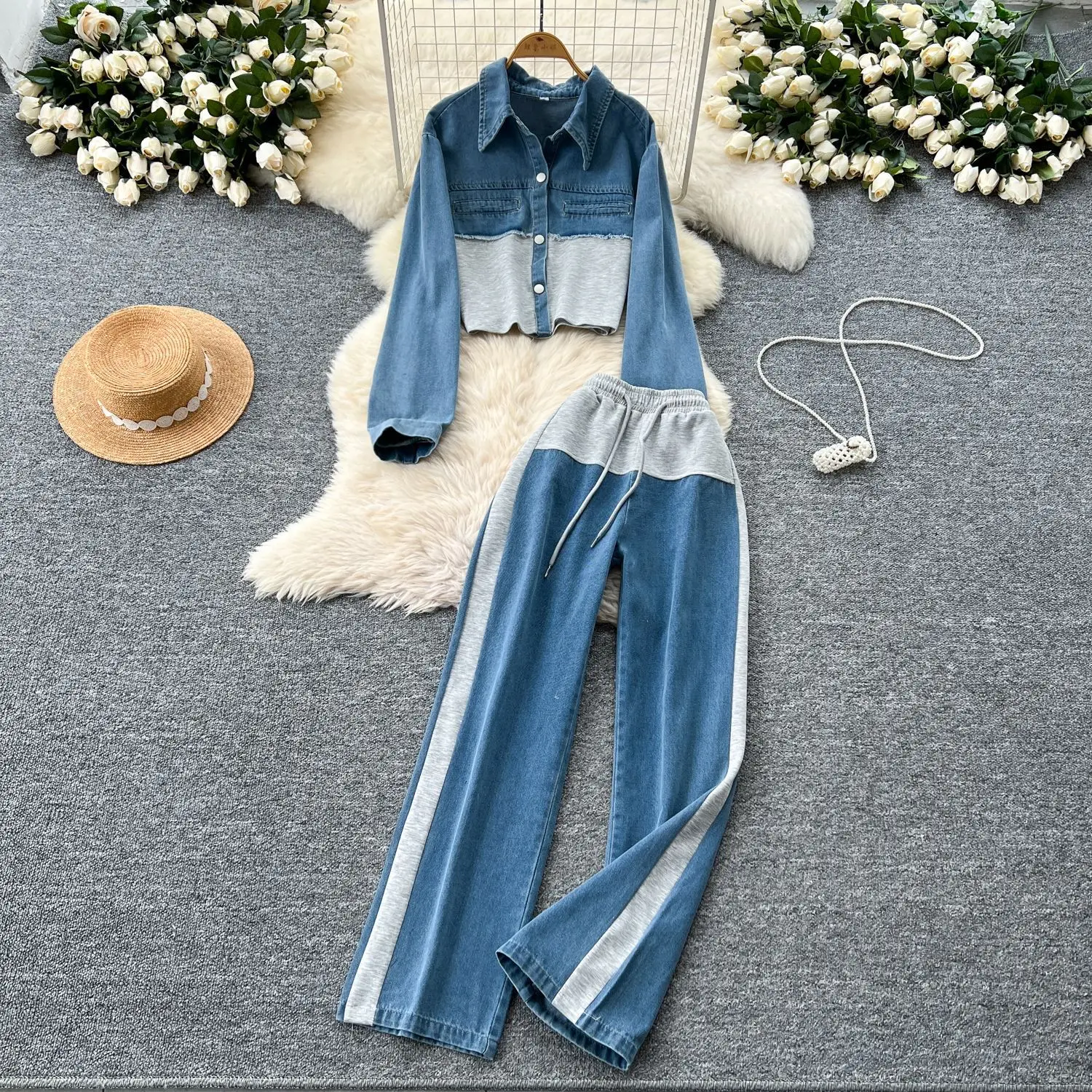 Hong Kong-style Casual Two-piece Set, Women New Autumn Fashion Patchwork Denim Single-breasted Shirt + Drawstring Wide-leg Pants