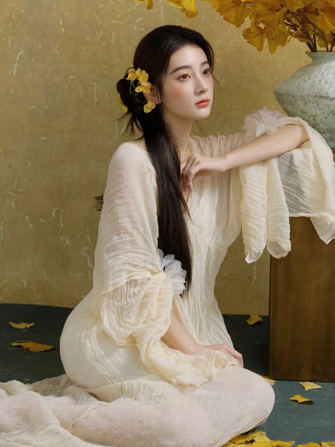 

Chic Chinese Zen Inspired Cold Tone Dr Women's Retro Oil Painting Sle Artistic Photoaphy Clothing Polyester Fabric