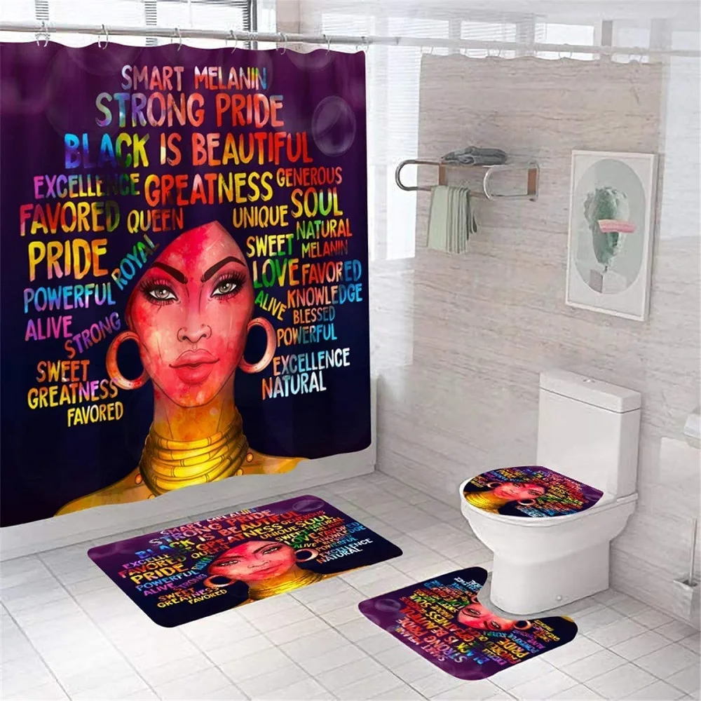 

African American Shower Curtain Set Colorful Quote Girl with Non-Slip Rugs Toilet Lid Cover Fabric Bath Mat Bath Curtains