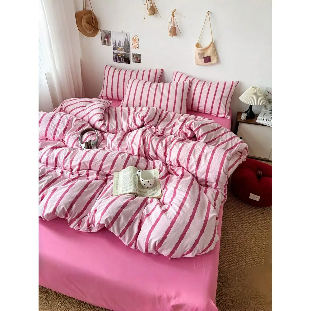 

Polyester Simple Striped Print Bedding Set, Suitable For Boys Girls Dorm, Zipper Closure, All Season, Soft Breathable Bedroom B