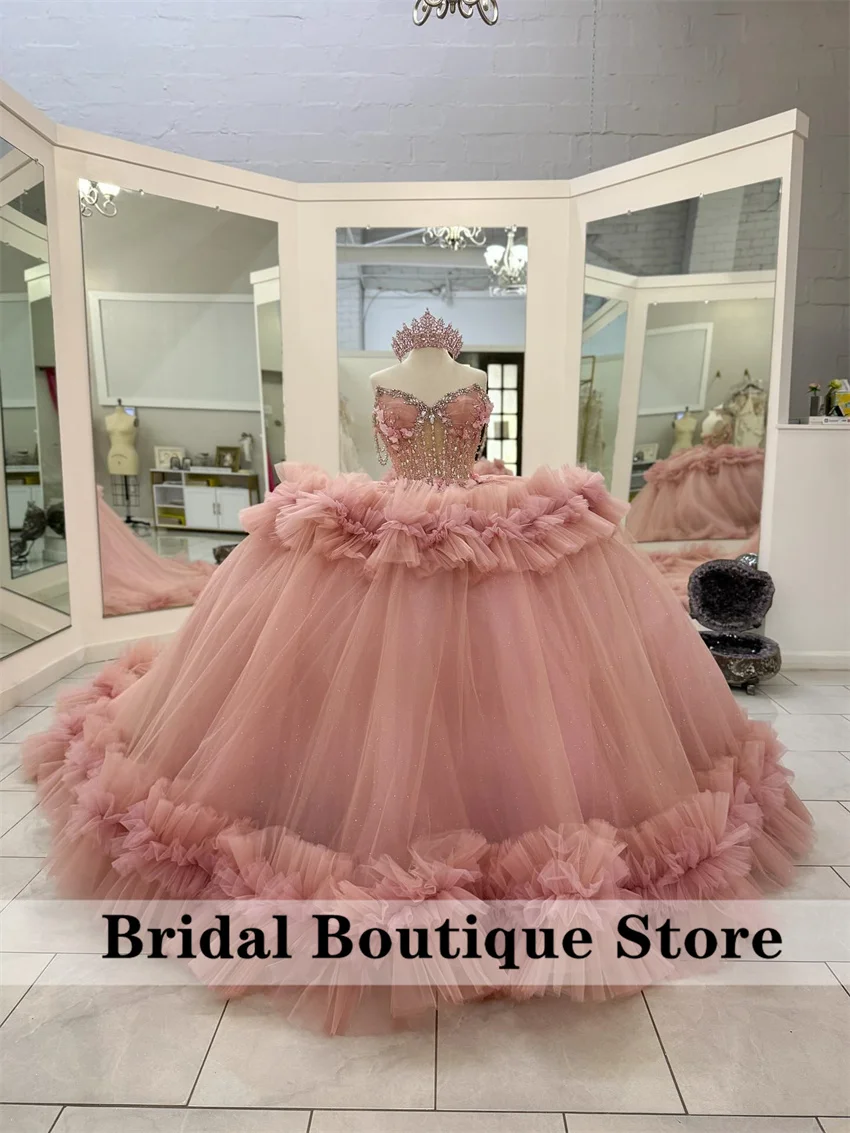 

Luxury Pink Princess Ball Gown Quinceañera Dresses 2025 Beads Crystal Pearls Ruffles Birthday Party Gown For 15th Customized
