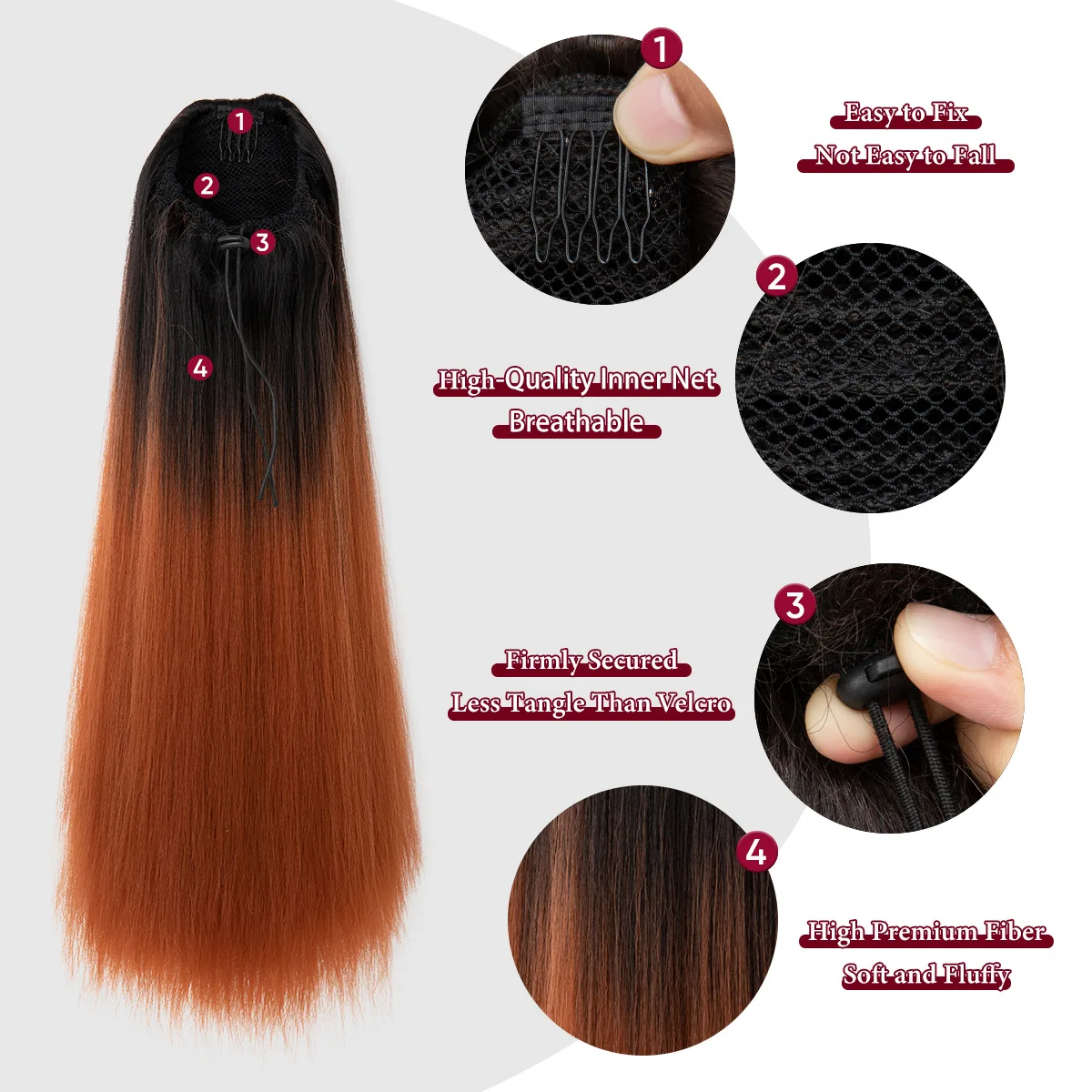 Female Long Straight Hair, Available for Wholesale, Drawstring Style High-temperature Fiber Wig Ponytail