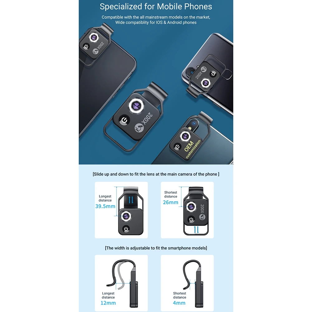 APEXEL 200X powiększenie obiektyw mikroskopu z CPL mobilne światło LED Mini kieszonkowe obiektywy makro dla iPhone wszystkie smartfony czarny SQ