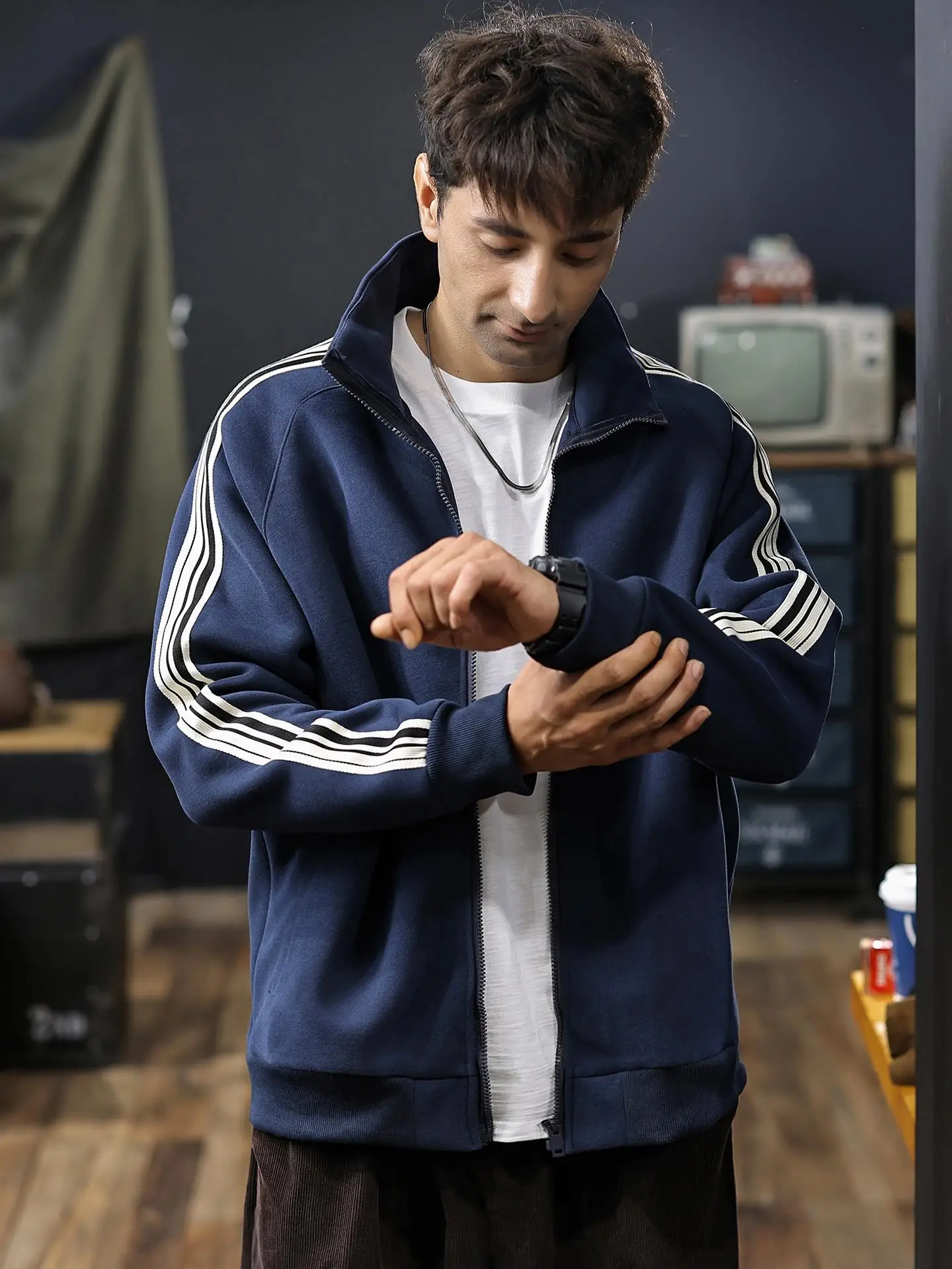 

American Sle Heavyweight Open Cardigan Sweatirt Jaet Men's Autumn New Trendy Brand Stripe Casual Sports Stand Collar