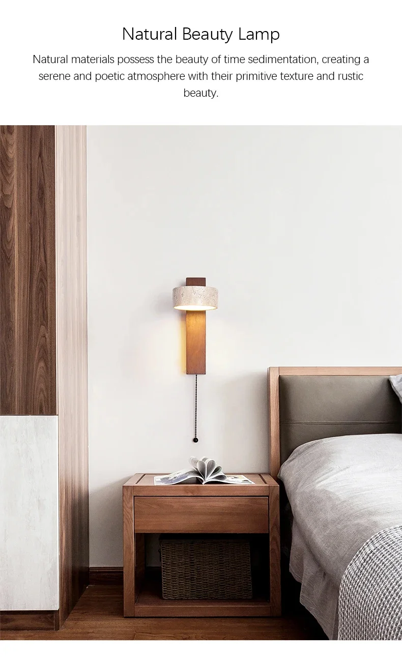 Wandleuchte im Wabi Sabi-Stil, natürlicher gelber Travertinstein, drehbar, mit Zugkettenschalter, LED-Nussbaumholz-Dekorleuchte für Schlafzimmer – Detail 5