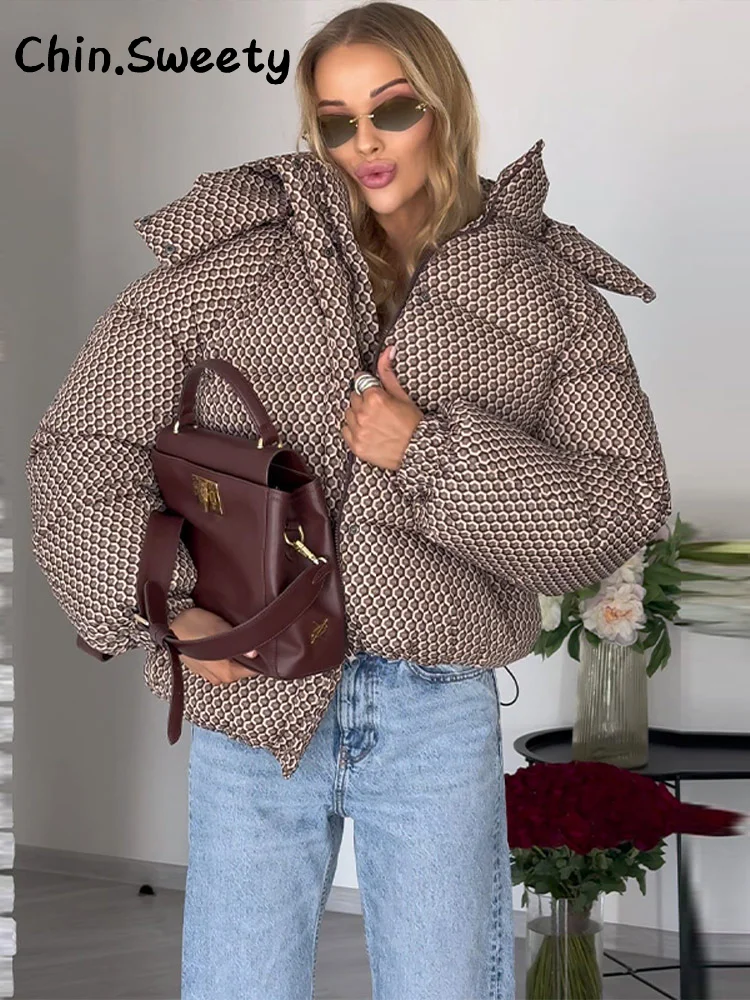 

Warm Women's Printed Hooded Cotton Coats Loose Stand Collar Full Sleeve Zipper Pockets Thicken Jacket 2025 Winter Lady Outwear