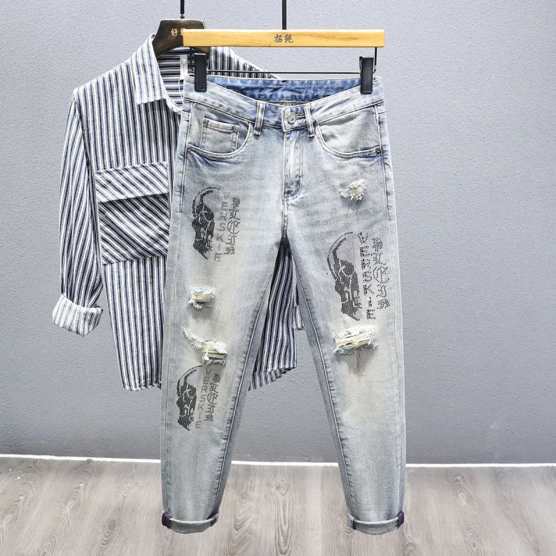 

Men's Ripped Jeans Spring Season 2025 Year Fashion Trend Brand Rhinestone Print Design Trendy Stretch Retro Blue Skinny Pants