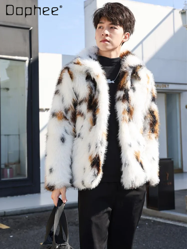 

2025 Autumn and Winter Men's Thickened Warm Eco-friendly Faux Fox Fur White Loose Casual Daily Cardigan Jacket