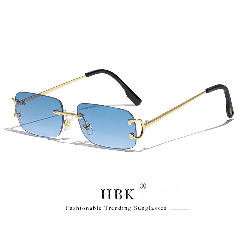 HBK Retro Borderless Sunglasses Women Square Mental Frame Sun Glasses Design Outdoor Party Travel UV400 Glasses Gift Box