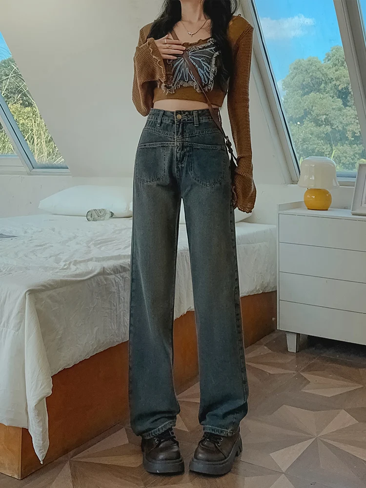 

High Waist Wide Leg Cement ey Jeans Women's Autumn Winter Straight Cut Loose Fit Large Size Long Pants Floor Length