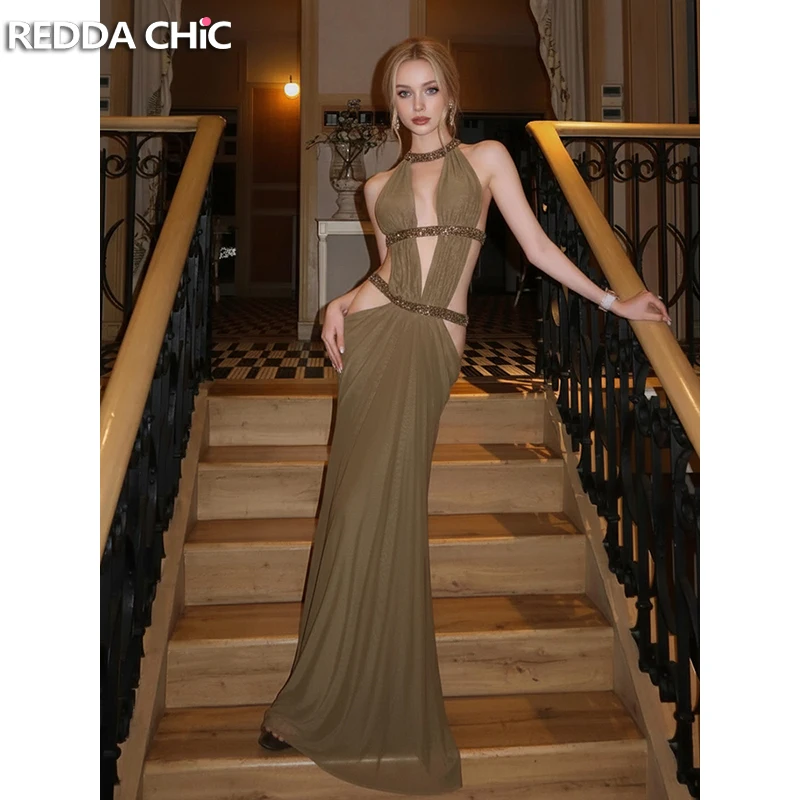 

REDDACHiC Сексуальное вечернее платье с вырезами для женщин, с открытой спиной, с пайетками, блестящее, эластичное, с завязками на шее, макси, фасон «русалка», облегающее, элегантная одежда