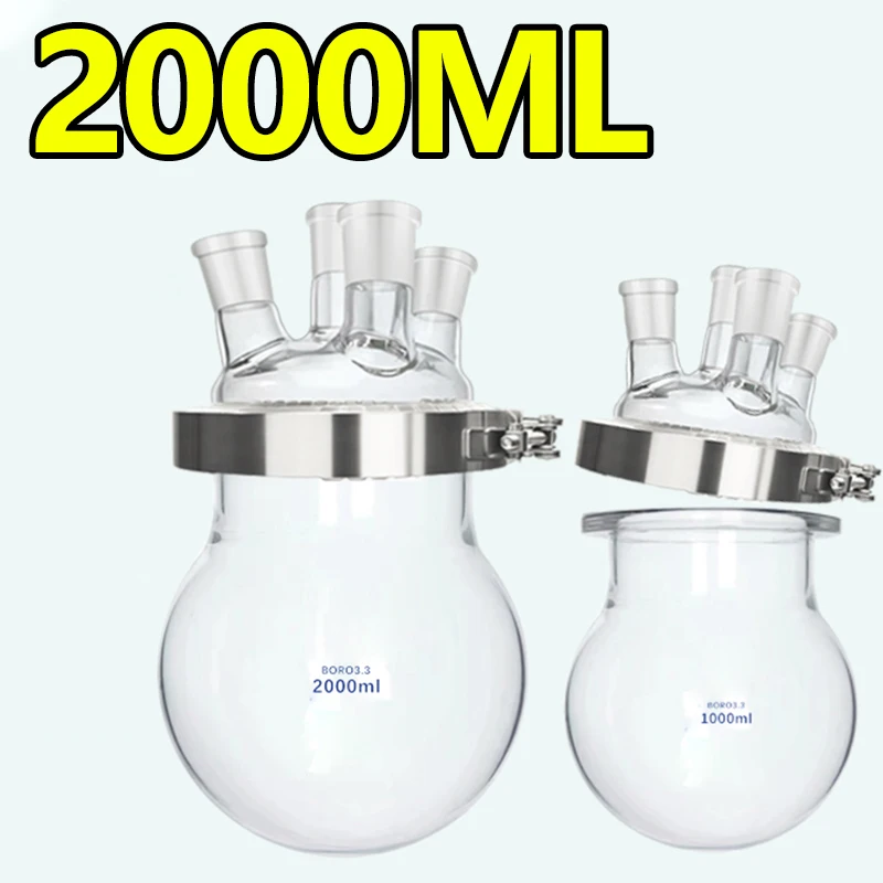 2000ml open reactor, single-layer glass flask, flat/round bottom, stainless steel flange clamp, split three-port reactor