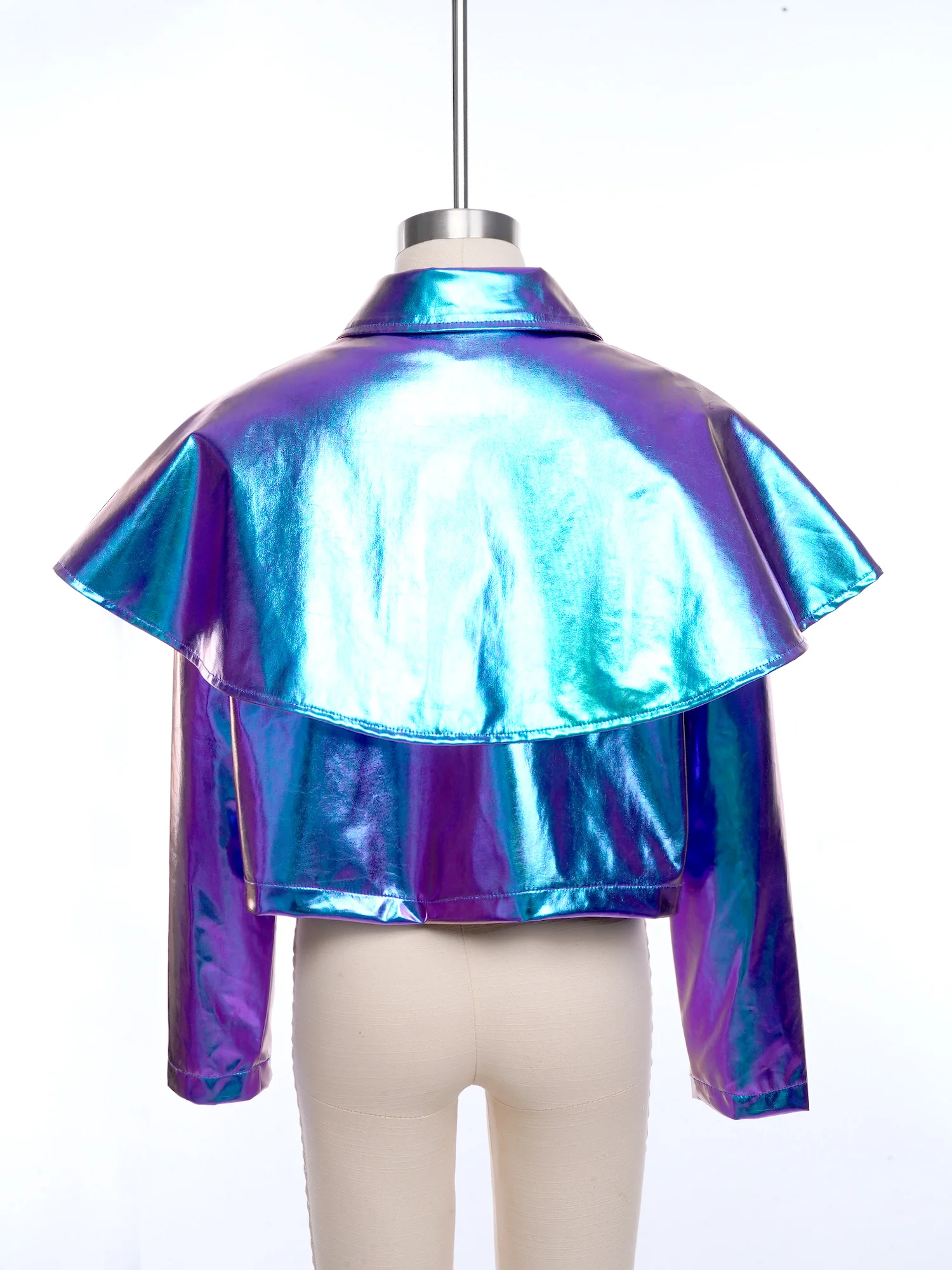 เสื้อแจ็คเก็ตฮิปฮอปแจ๊สสำหรับเด็กผู้หญิง แขนยาว ผ้าเมทัลลิกเงา สไตล์เบสบอล แจ็คเก็ตบอมเบอร์ เสื้อคลุมสำหรับงานปาร์ตี้เรฟและการแสดง