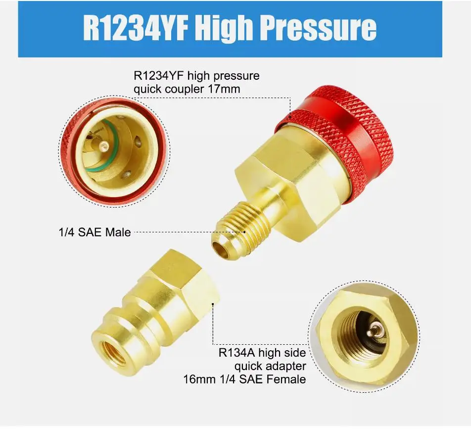 2 قطعة R1234YF إلى R134A طقم محوّل مكيف هواء للسيارات عالية/منخفضة الجانب تحويل موصل سريع محول مقرنة نحاسية