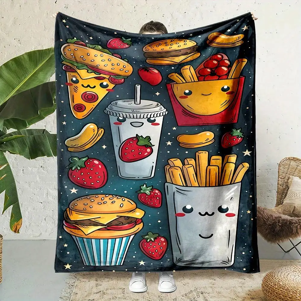 Cute Food Pattern Blanket Throw Snack Cartoon Decor Cozy Dessert Meal Fast Food Illustration Home Gift