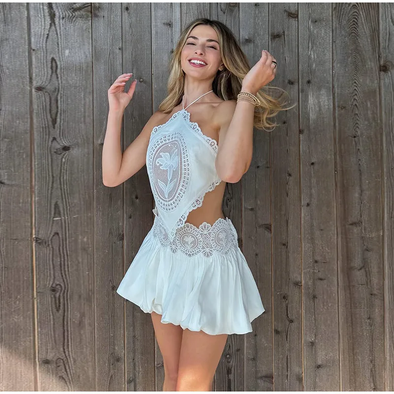 Transparentes Spitzen-Set mit Hohlmuster, zweiteilig, Neckholder-Top ohne Ärmel, kurzes Oberteil, Bubble-Minirock, modisches Sommer-Party-Outfit für Damen. – Detail 11