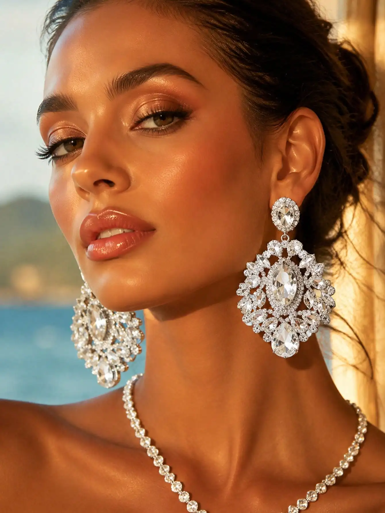 Funkelnde Klare Strass-Kronleuchter-Ohrhänger, Luxuriöse Ovale Kristall-Ohrringe, Statement-Ohrringe für Braut, Hochzeit, Abschlussball und Party – Detail 5