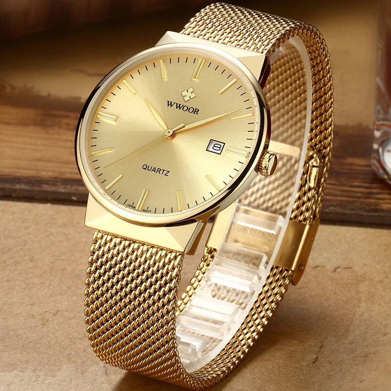 2022 Fashion Wwoor Top Brand Men Simple Slim Watches Luxury Gold Steel Mesh Ultra Thin Waterproof Date Wrist Watch Golden Clock