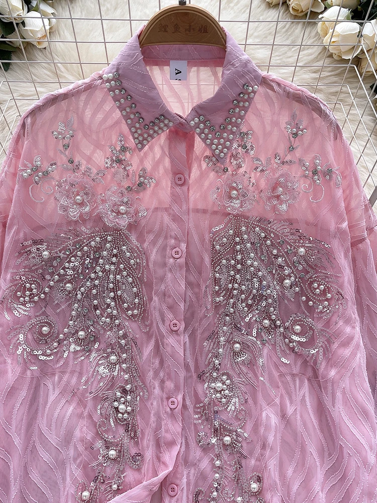 Primavera Autunno Francese Versatile Camicia a maniche lunghe da donna Nail Bead Glitter Sottile Manica a lanterna Camicetta casual allentata Top C362