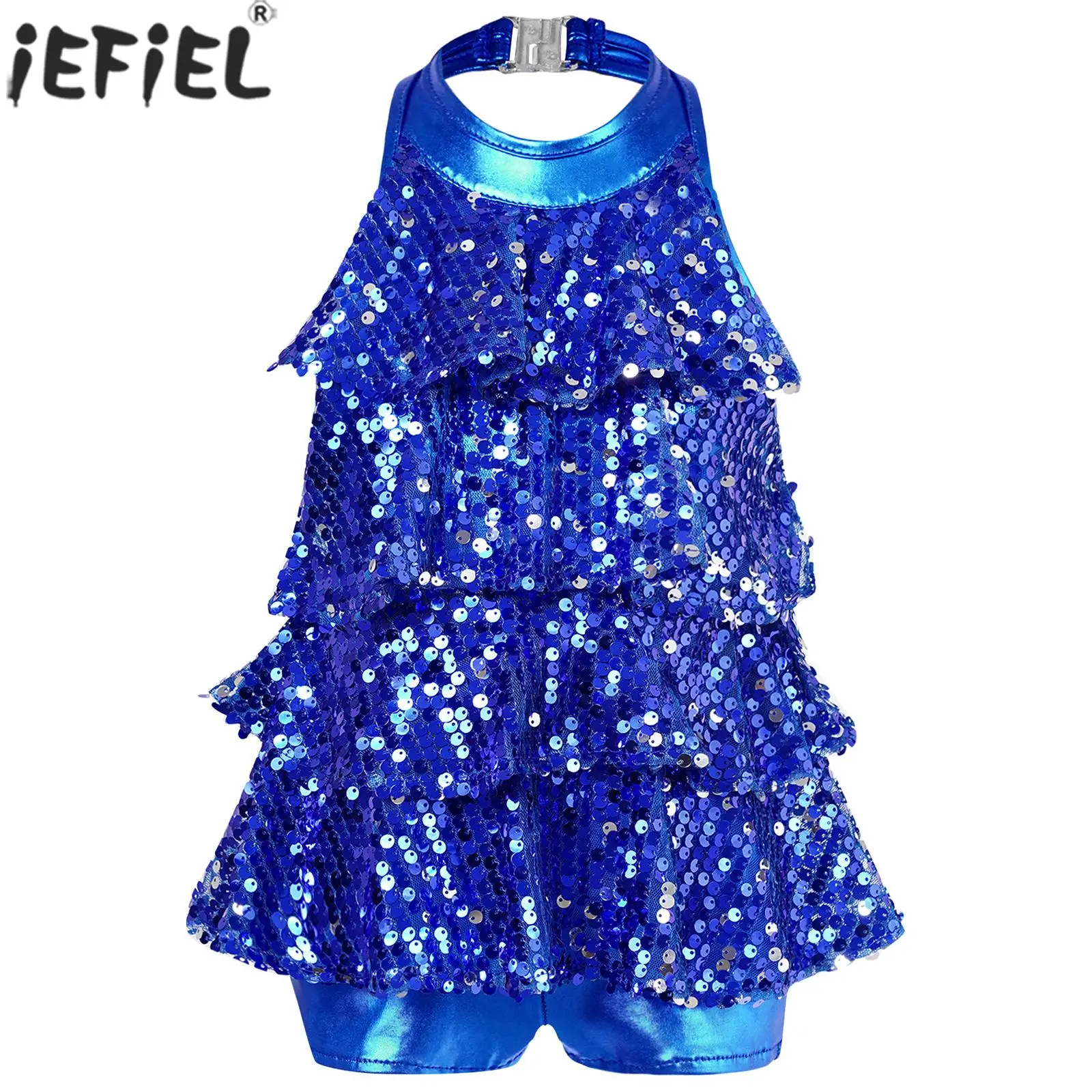 Kids Girls Sleeveless Halter Shiny Sequin Jazz Dance Shorty Leotard Dress Ballet Modern Latin Cha-cha Skating Gymnastics Costume