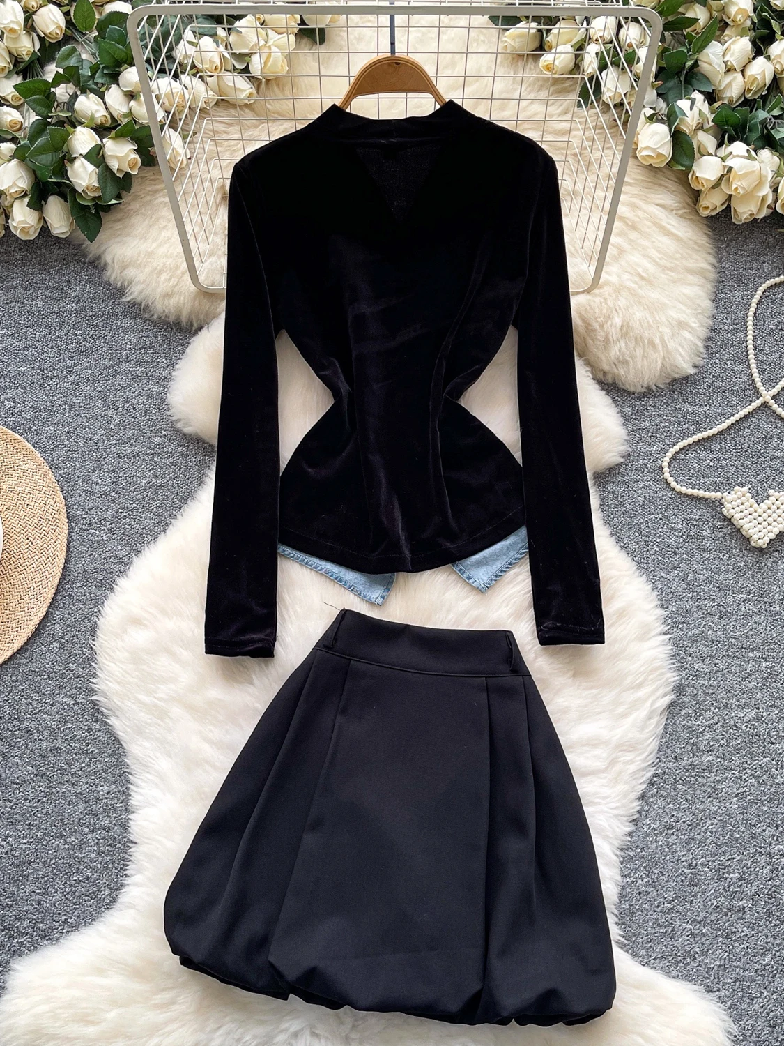 طقم أزياء نسائي للخريف والشتاء، تنورة منتفخة عالية الخصر وطباعة زهور الورد طويلة، تصميم غير متساوي