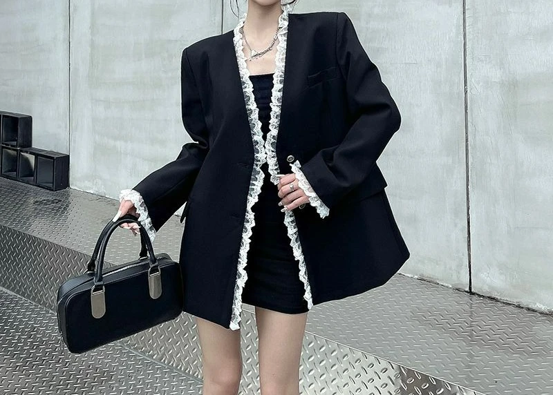 Fashion Lace Splicing Blazer Women's Spring and Autumn New Loose Temperament Shoulder Padded Suit Top