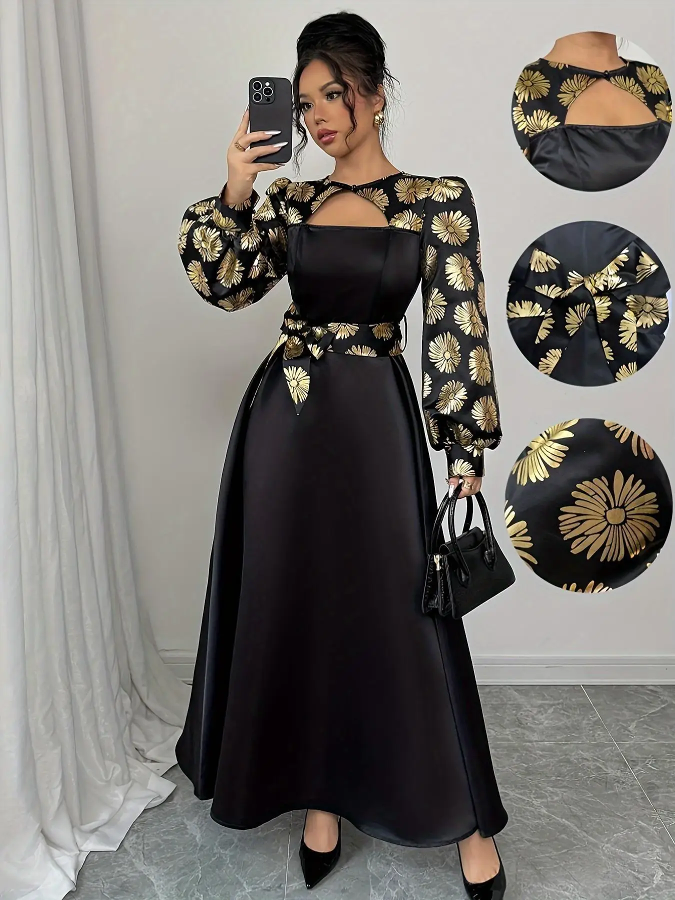 Goldenes Blumen-Abendkleid Luxuriöser Eleganter Stil mit Ausschnitt und Spitzenärmeln Glockenförmiger Satin-Körper Formelles Kleid für Festliche Anlässe – Detail 5
