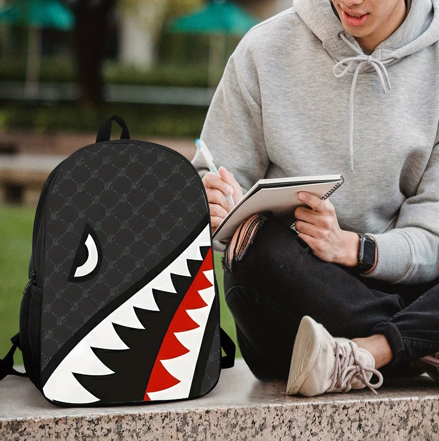 Trendy Shark Mouth Printed Large Capacity Backpack for Boys, Middle and High School Students