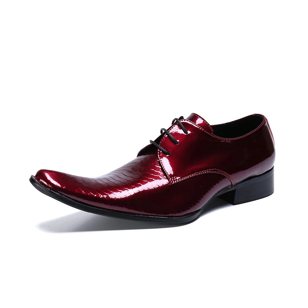 Luxury Red Lacquer Leather Pointed Toe Men Lace Up Shoes Wedding Party Banquet Shoes Elegant Business Big Size Male Formal Shoes