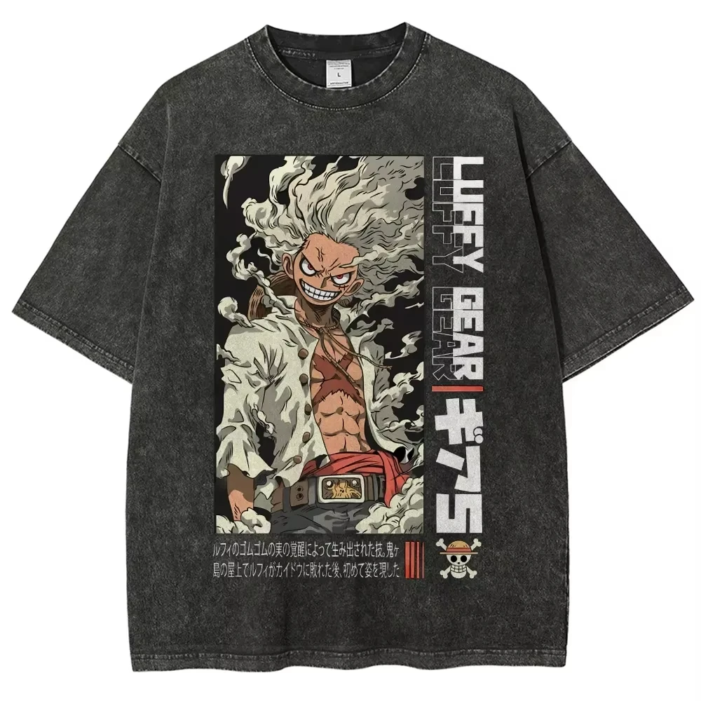 Anime One Piece Graphic Print Acid Wash Men's T-Shirt Oversized Cotton Crew Neck Streetwear Men's Washed and Old Comfortable Pop
