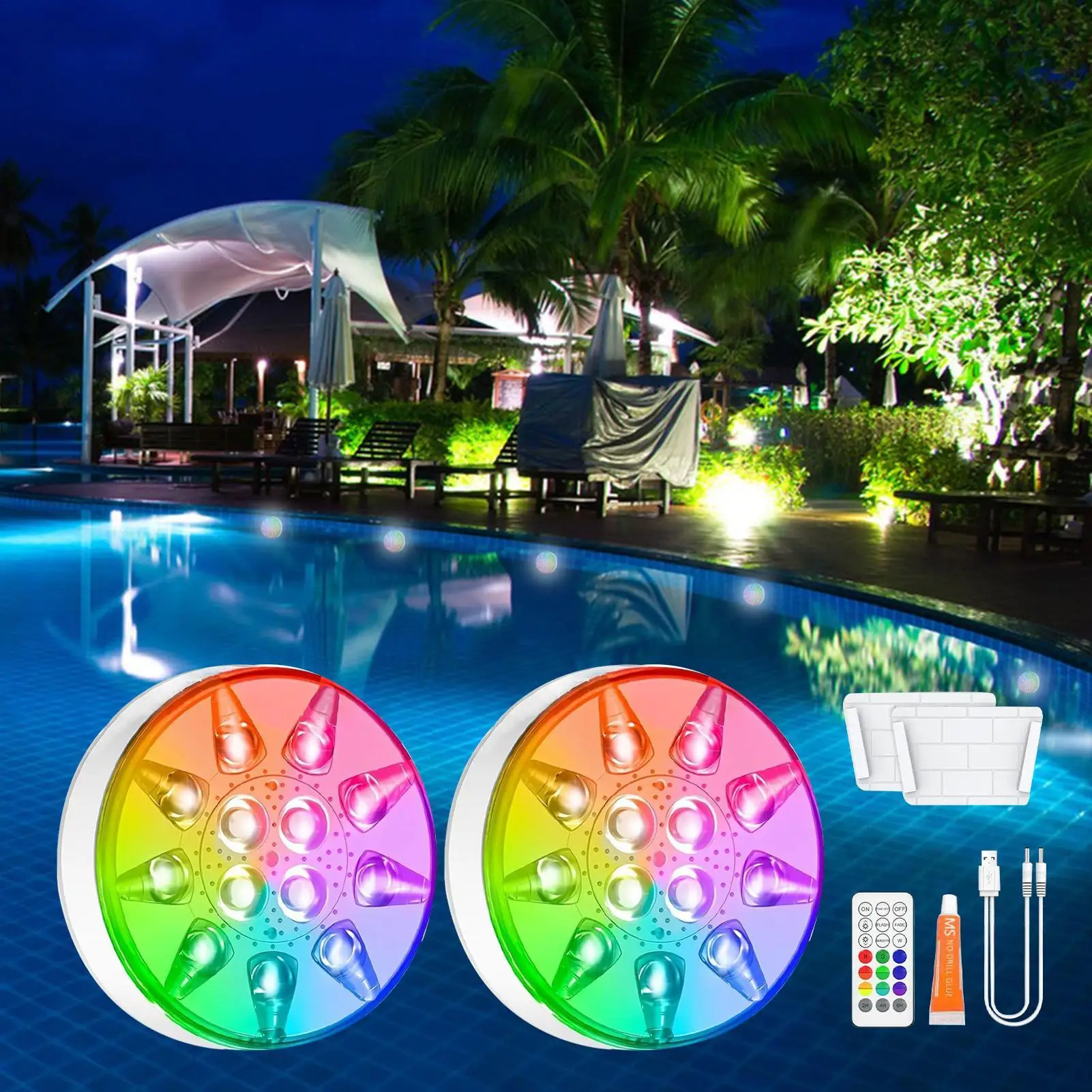 Pool Lights 16 Colors Waterproof Rechargeable Lamp With Remote Control & Timer 2-pieces Lights For Pool For Outdoor Patio Garden