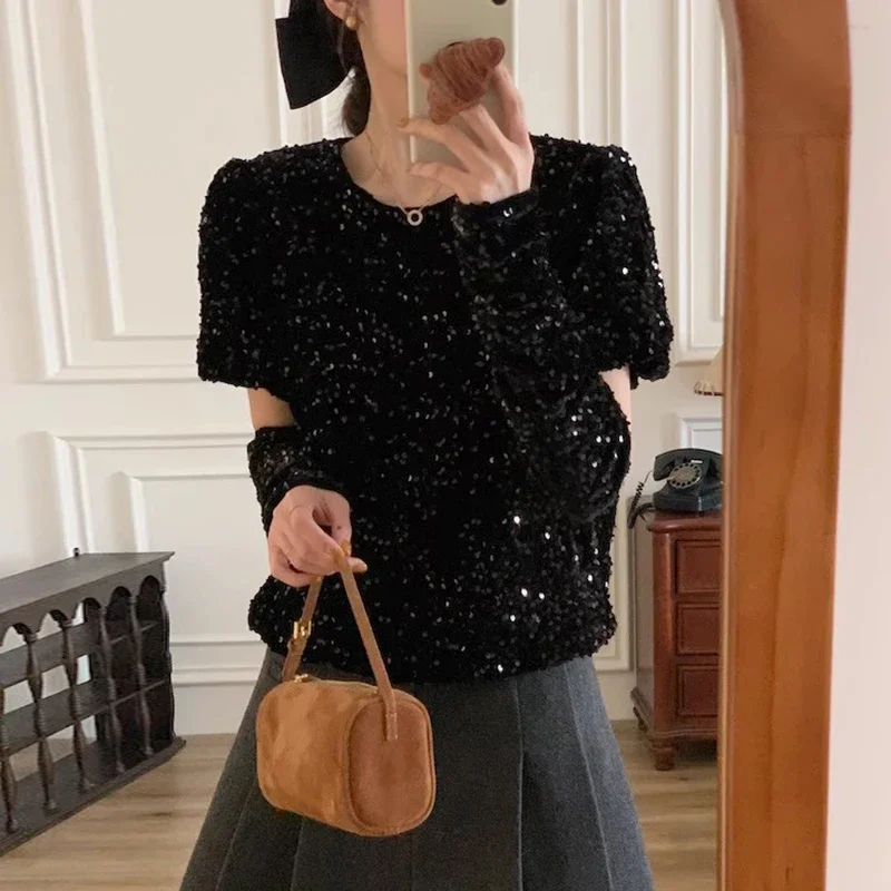 Spliced Sequined 2024 New Women Clothing Round Neck Ropa Mujer Fashion Loose Camisas Korean Elegant Tops with Oversleeve