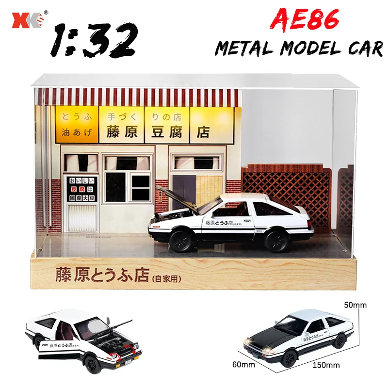 Modelo de coche de aleación con inicial D Toyota AE86, modelo de escena de tienda de Tofu con inicial D Fujiwara, coche de juguete de Metal extraíble, regalos para niños, 1/32