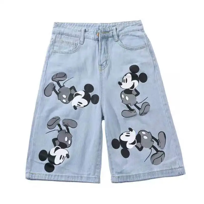 Summer New Disney Mickey Printed Loose Straight Wide Leg Denim Pants High Waist Short Jeans for Men and Women Casual Shorts