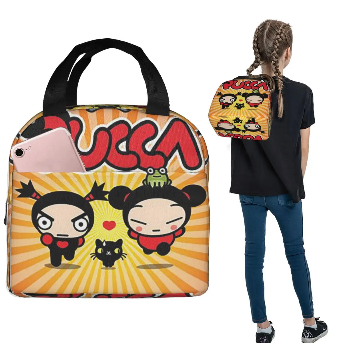 أكياس الغداء الكرتون Pucca معزول بينتو صندوق مقاوم للماء حقيبة الغداء قابلة لإعادة الاستخدام حقيبة حرارية برودة للسفر الطالبات #1